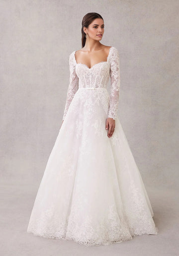 Romantic Strapless Sweetheart Neckline Lace Ball Gown with Scalloped Hem and Long Sleeves